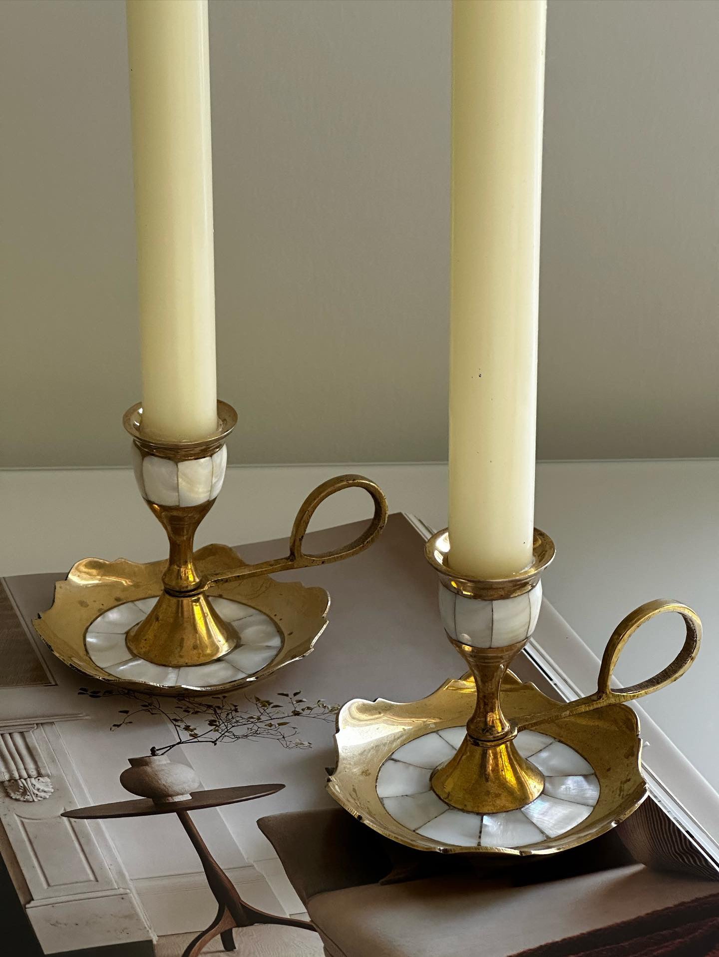 Vintage brass chamber candlestick holder with mother of pearl inlay (set of 2)