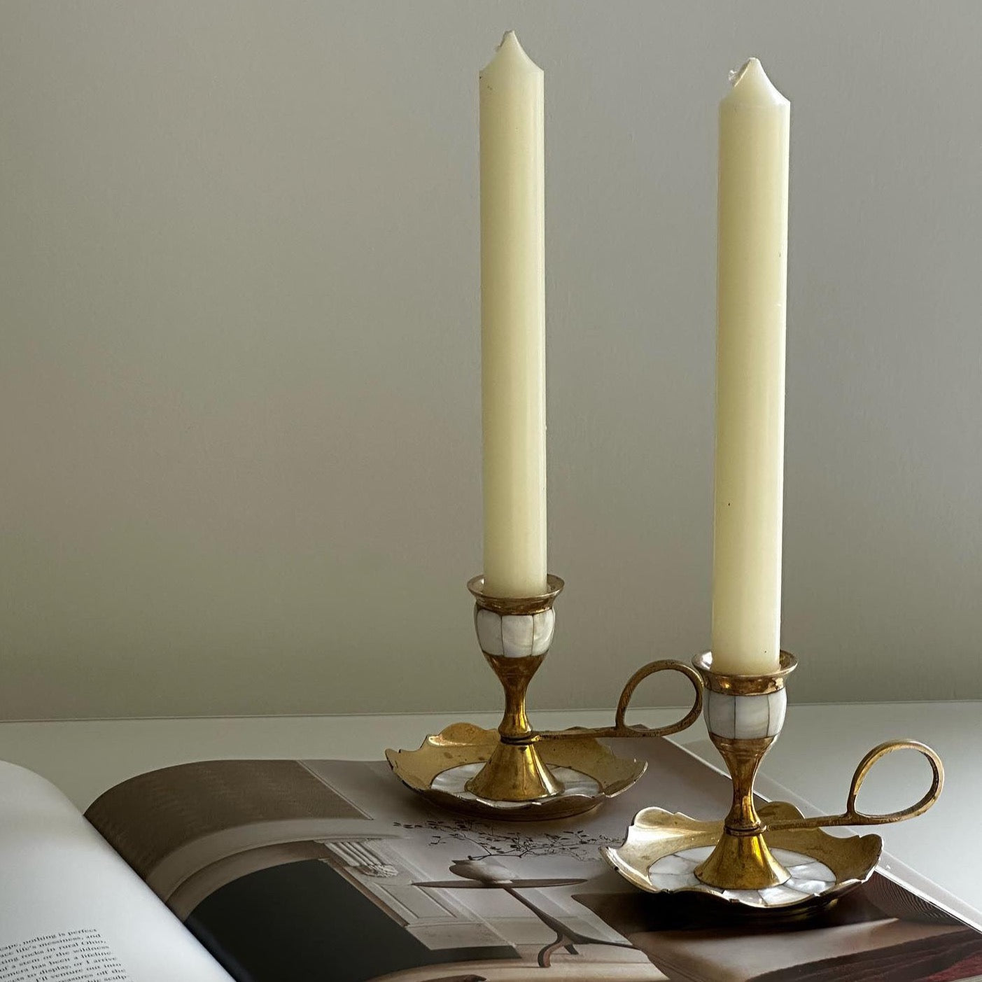 Vintage brass chamber candlestick holder with mother of pearl inlay (set of 2)