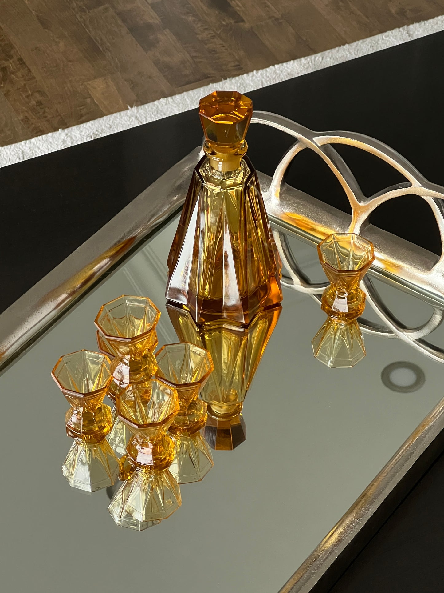 Art deco amber decanter and glasses