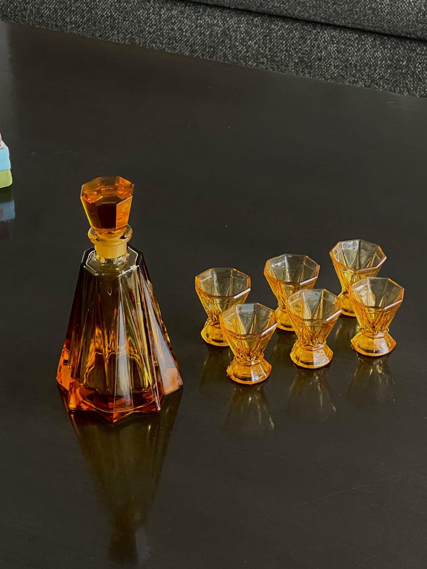 Art deco amber decanter and glasses