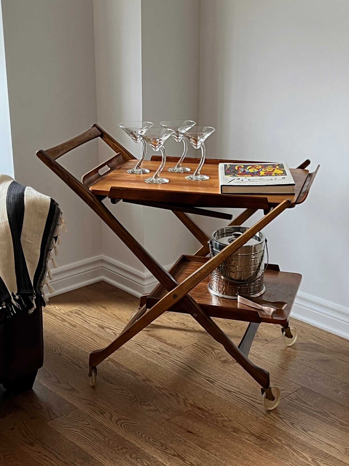 Danish Folding Teak Bar Cart With Serving Tray by Nasco, 1950s