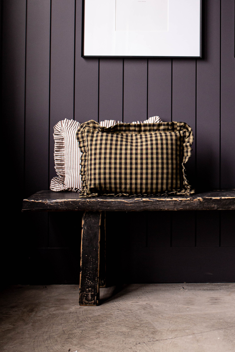 Ruffle Lumbar Pillow in Olive Green Gingham