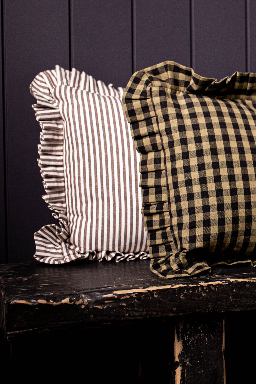 Ruffle Lumbar Pillow in Olive Green Gingham