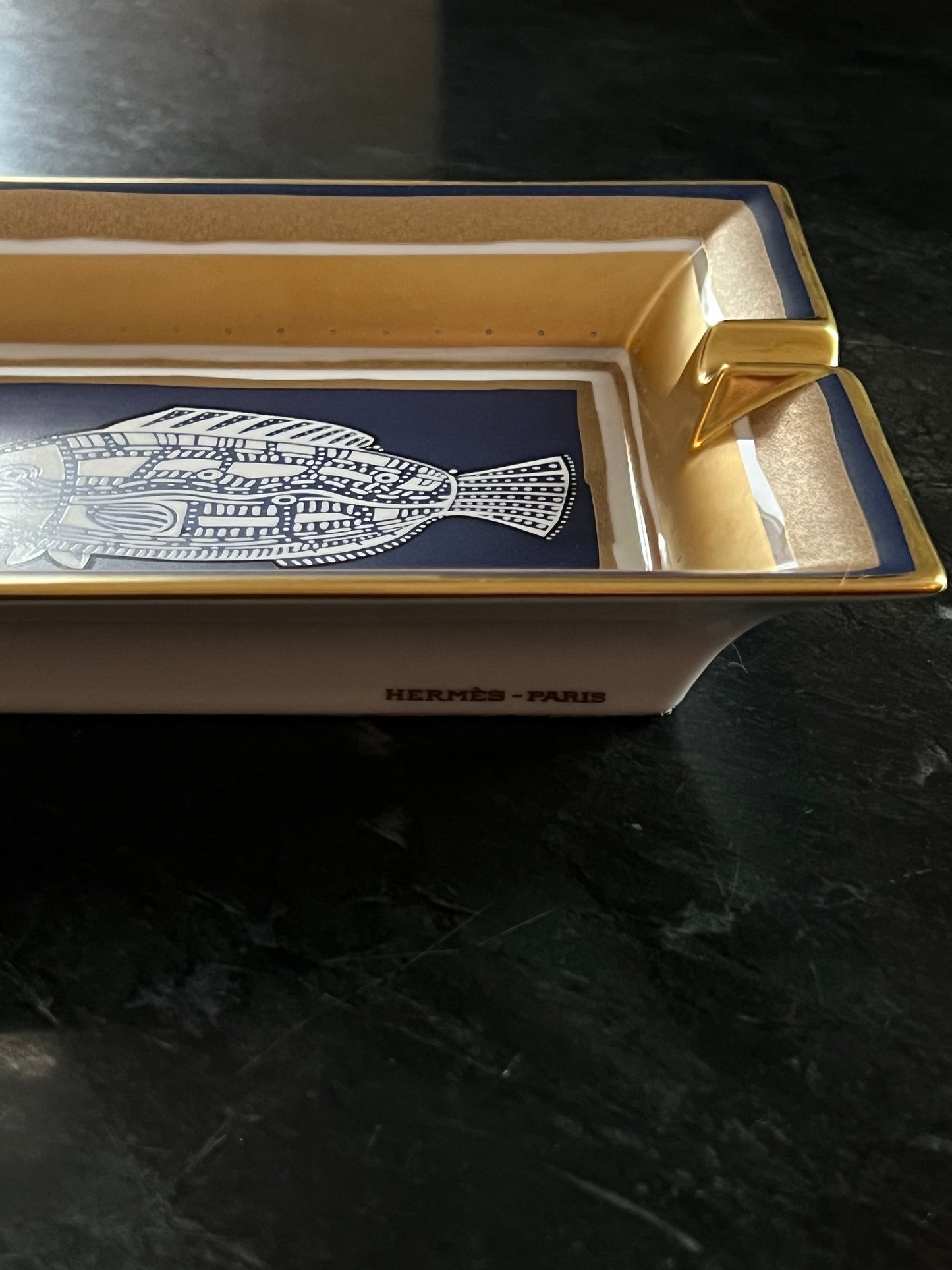 Hermès porcelain ashtray with fish motif, 1970s-1980s