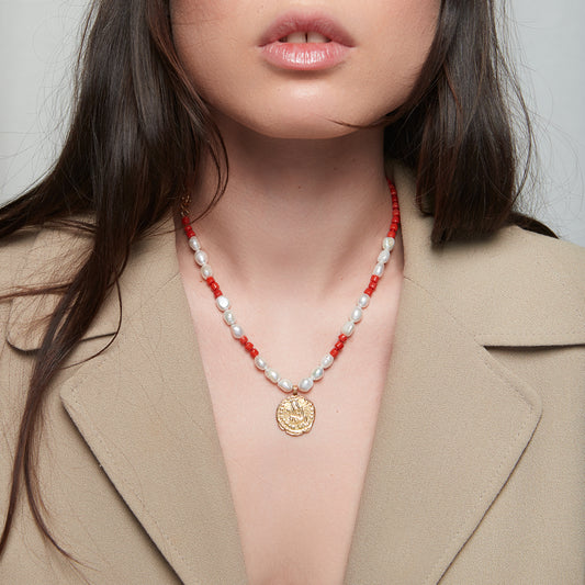 Maya Coral & Pearl Necklace