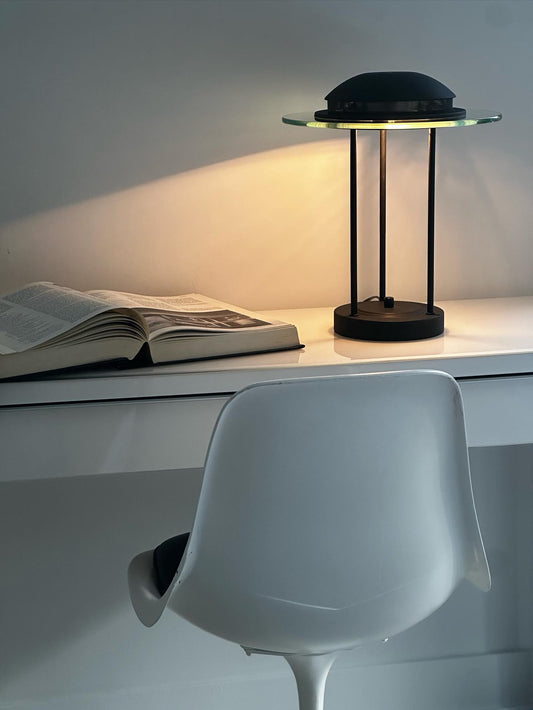 The 1980s black Saturn Desk Lamp in the style of Robert Sonneman