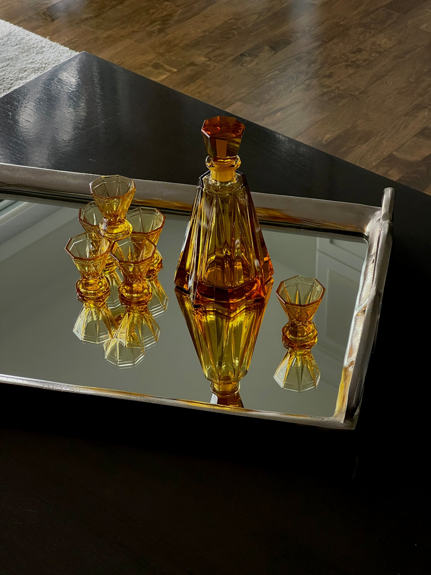 Art deco amber decanter and glasses