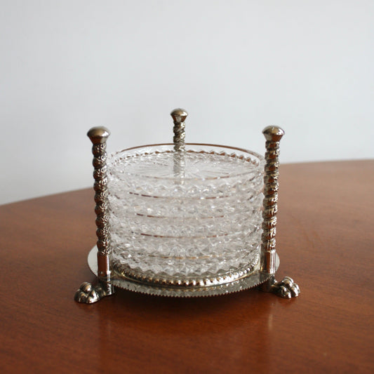 Crystal coaster set with Silver Plated Clawfoot Holder by F. B. Rogers