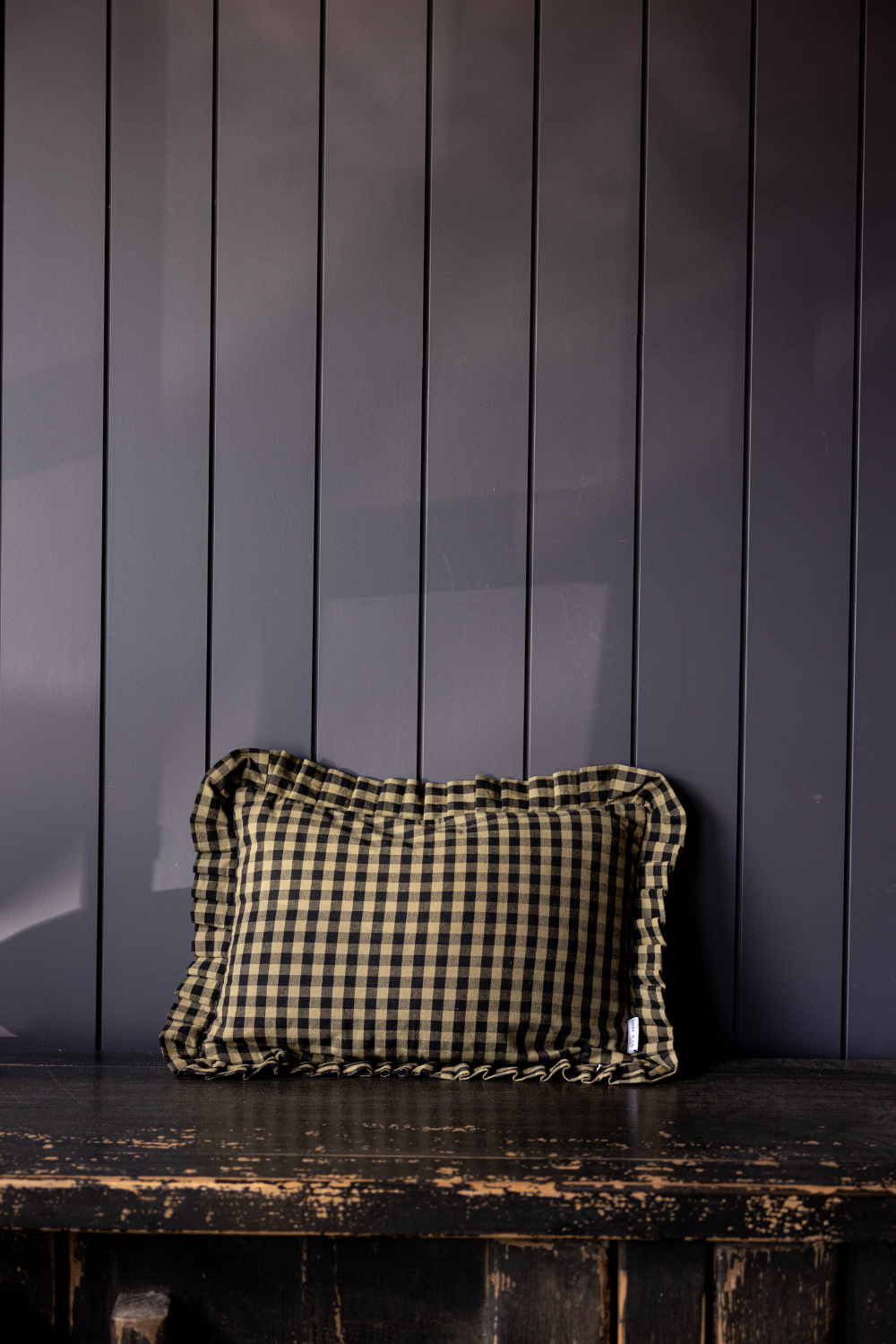 Ruffle Lumbar Pillow in Olive Green Gingham