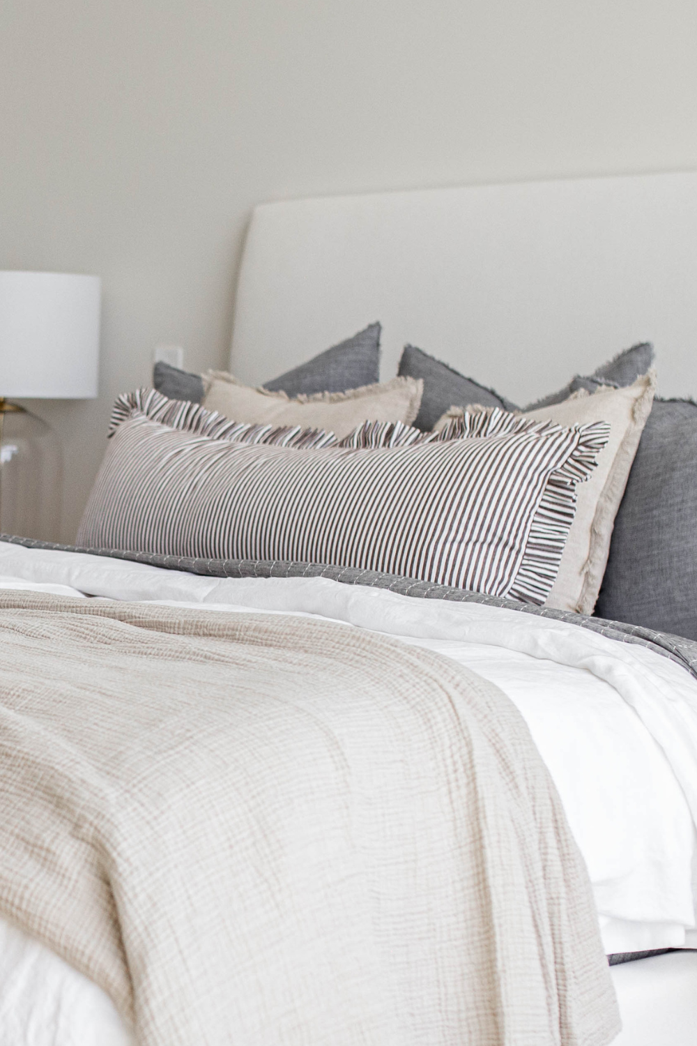 Ruffle Bolster Pillow in Brown & White Stripes